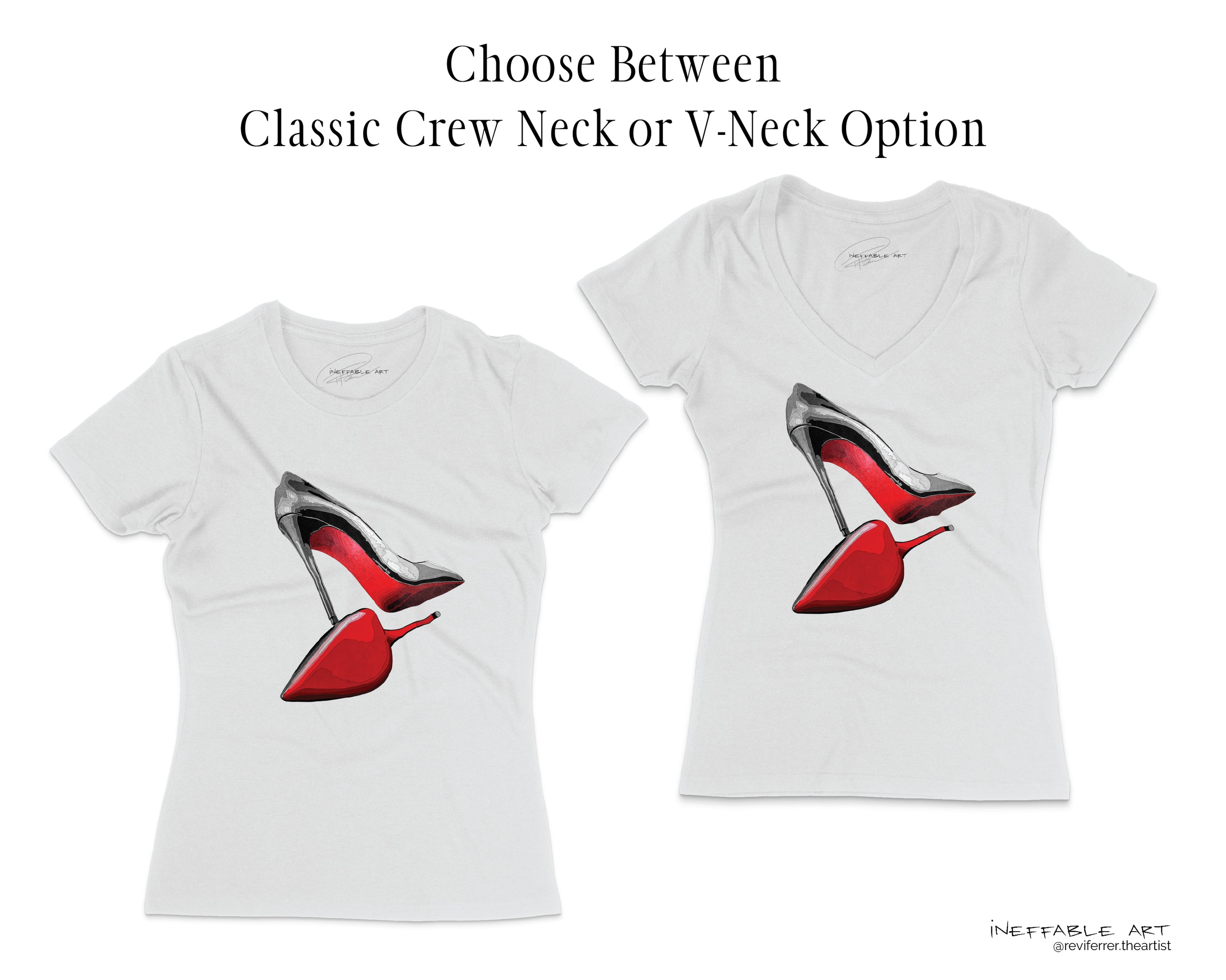 Two white t-shirts with red high heel shoes graphic, one classic crew neck and one V-neck, on a white background.