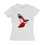 White t-shirt with red high-heeled shoe design on a white background