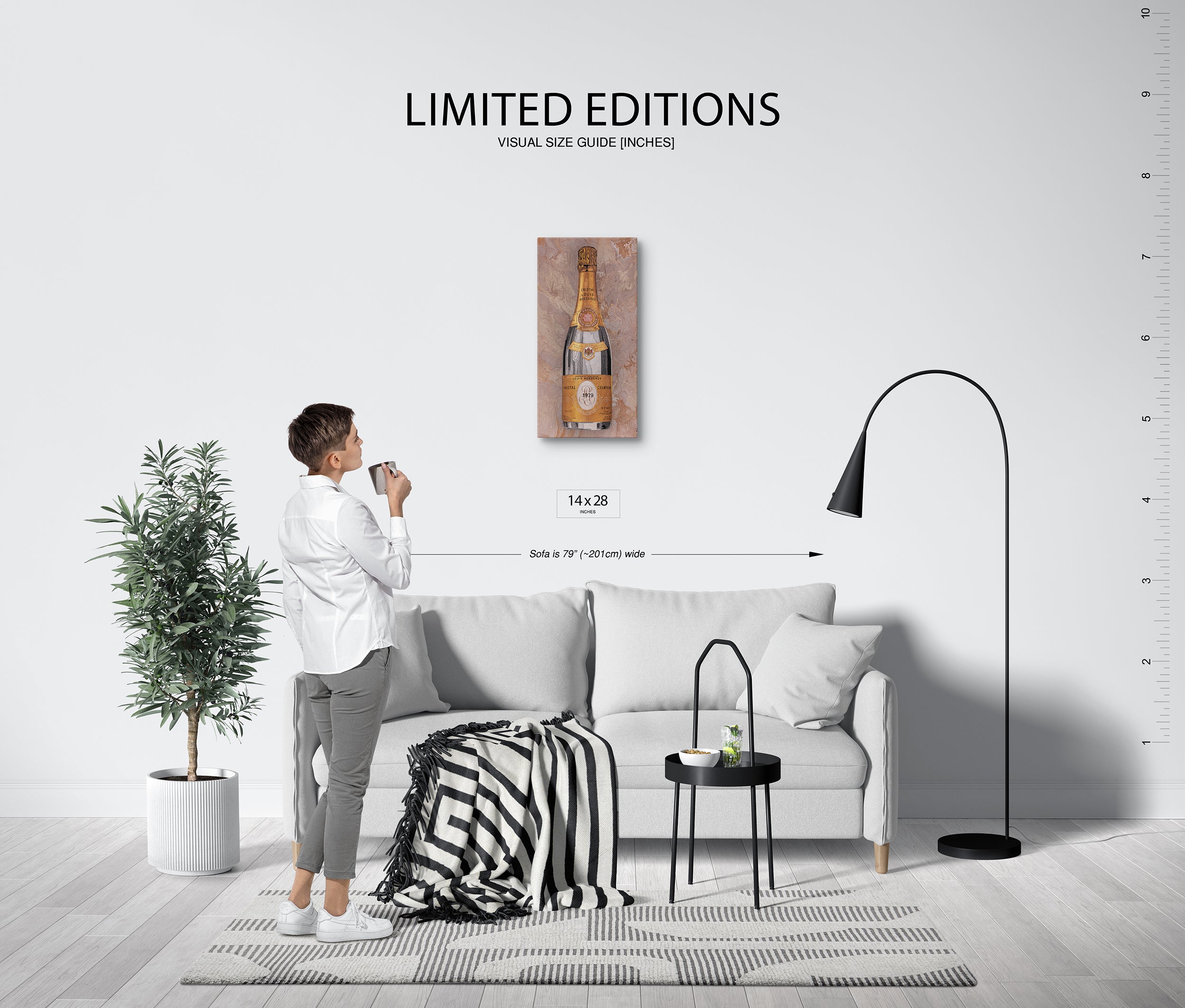 Living room with a person holding a bottle, sofa, plant, and lamp with 'Limited Editions' text.